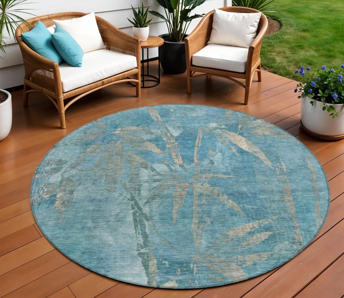 639235 8 ft. Pale Aqua & Beige Botanical Leaves Washable Transitional Indoor & Outdoor Round Area Rug