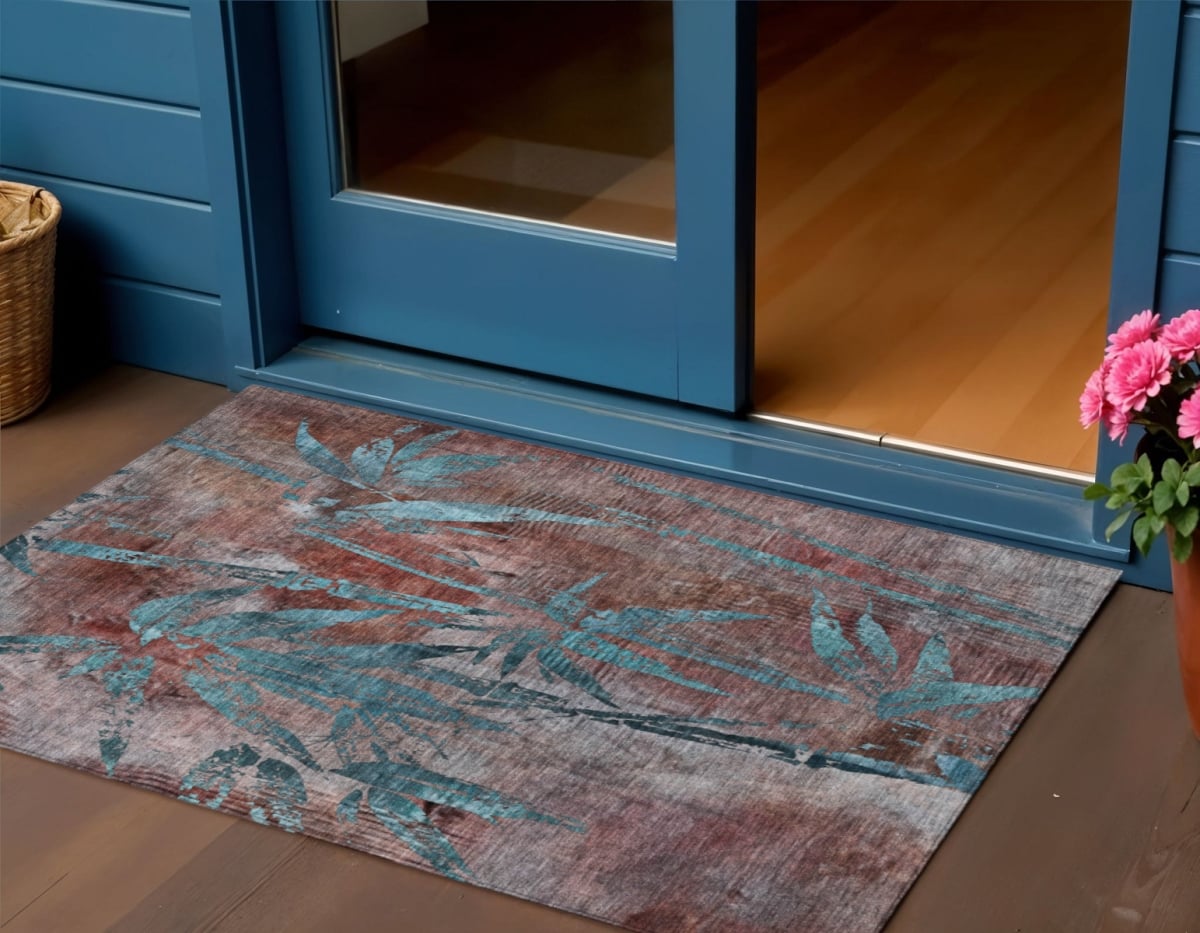 639245 3 x 5 ft. Terra Cotta & Teal Blue Botanical Leaves Washable Transitional Indoor & Outdoor Rectangle Area Rug