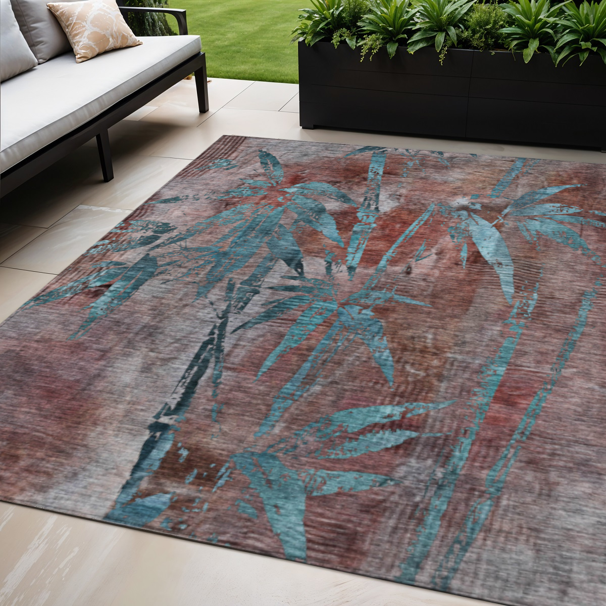 639246 5 x 8 ft. Terra Cotta & Teal Blue Botanical Leaves Washable Transitional Indoor & Outdoor Rectangle Area Rug