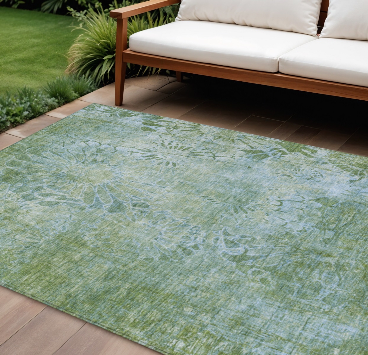 639279 9 x 12 ft. Artichoke Green & Ivory Floral Washable Transitional Indoor & Outdoor Rectangle Area Rug