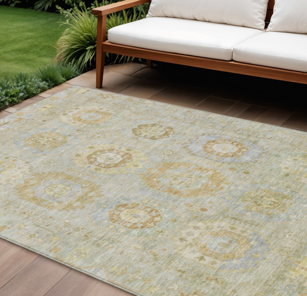 639422 8 x 10 ft. Sage Wheat & Artichoke Green Medallion Washable Traditional Indoor & Outdoor Rectangle Area Rug
