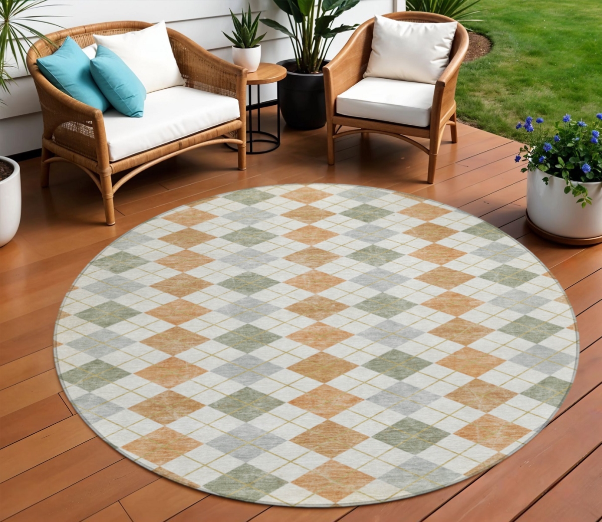 639829 8 ft. Coral, Ivory & Silver Geometric Washable Transitional Indoor & Outdoor Round Area Rug