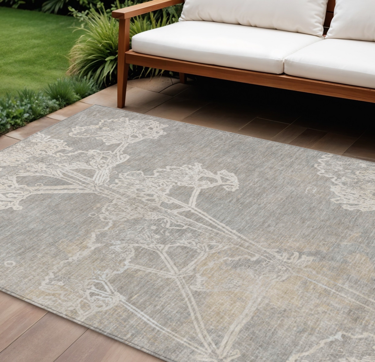 639866 8 x 10 ft. Silver & Gray Floral Washable Transitional Indoor & Outdoor Rectangle Area Rug