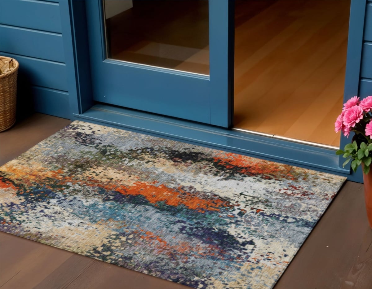 639980 3 x 5 ft. Blue Orange & Ivory Abstract Washable Transitional Indoor & Outdoor Rectangle Area Rug