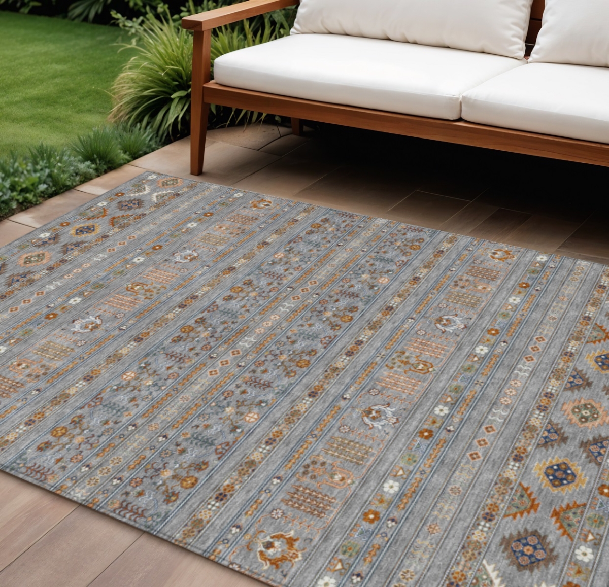 640044 9 x 12 ft. Gray Blue & Copper Tribal Washable Transitional Indoor & Outdoor Rectangle Area Rug