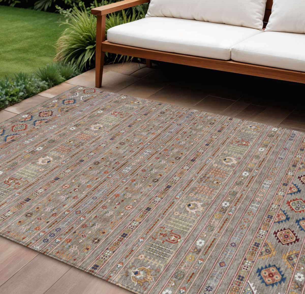 640080 9 x 12 ft. Taupe Blue & Copper Tribal Washable Transitional Indoor & Outdoor Rectangle Area Rug