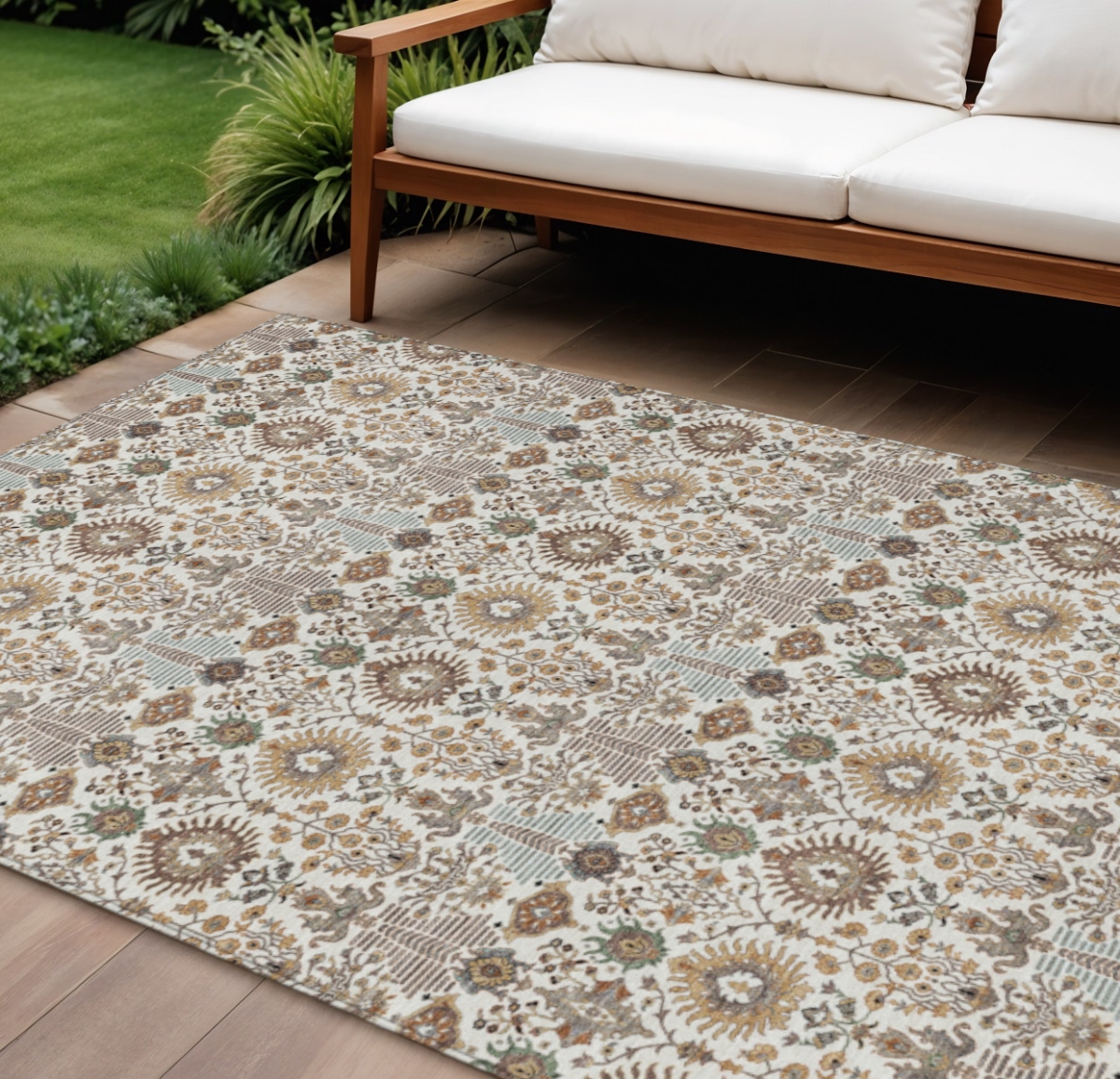 640494 9 x 12 ft. Ivory & Brown Floral Washable Traditional Indoor & Outdoor Rectangle Area Rug