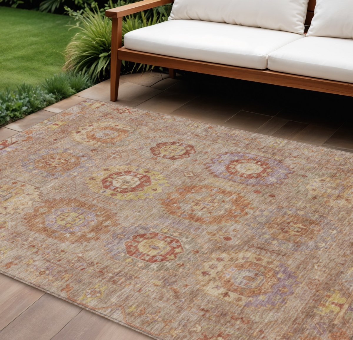 639418 10 x 14 ft. Khaki Gold & Burgundy Medallion Washable Traditional Indoor & Outdoor Rectangle Area Rug