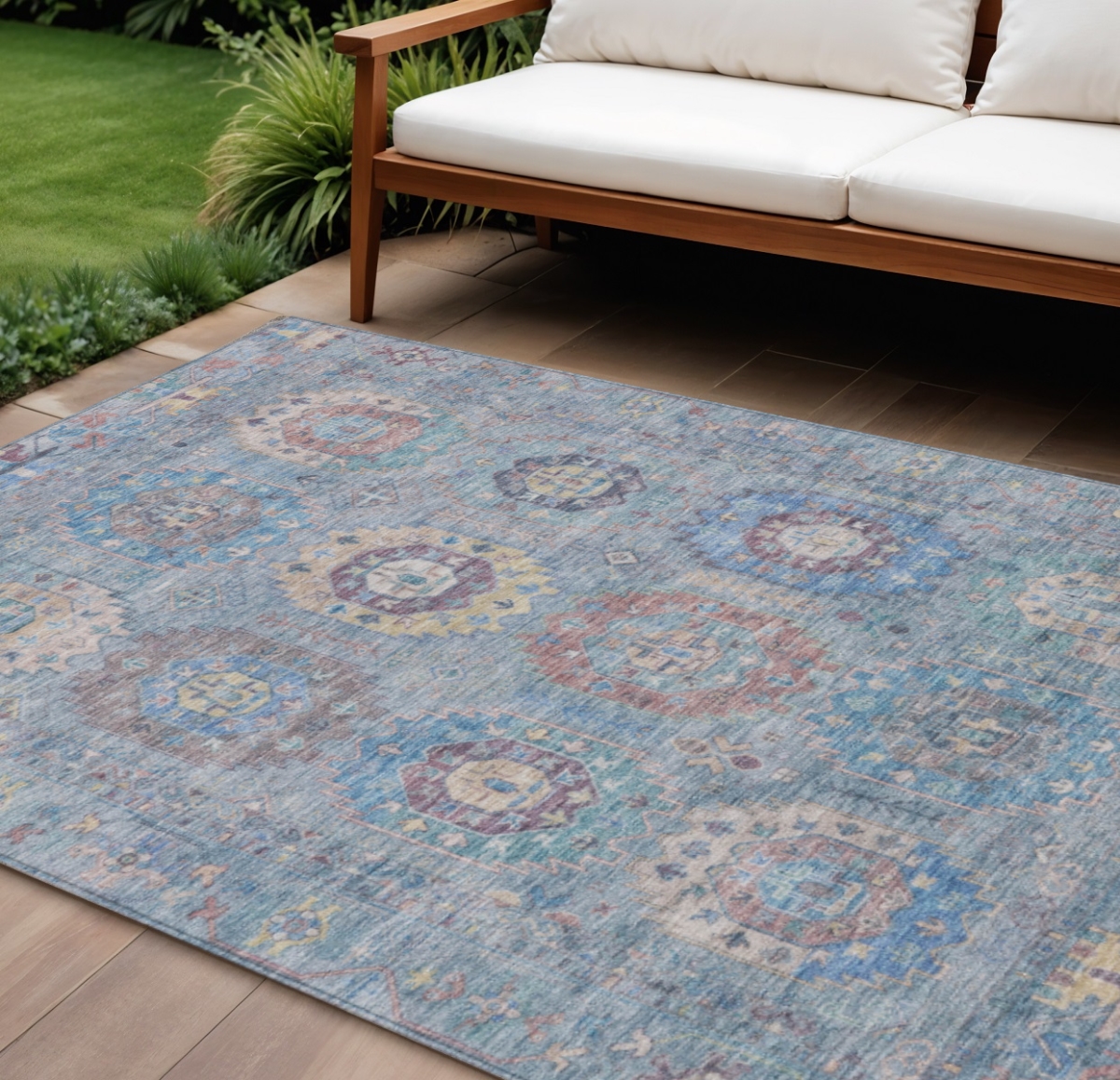 639430 10 x 14 ft. Sky Blue Beige & Blush Medallion Washable Traditional Indoor & Outdoor Rectangle Area Rug
