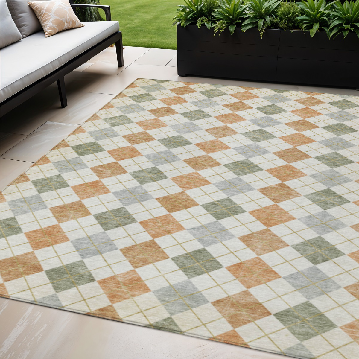 639828 5 x 8 ft. Coral Ivory & Silver Geometric Washable Transitional Indoor & Outdoor Rectangle Area Rug