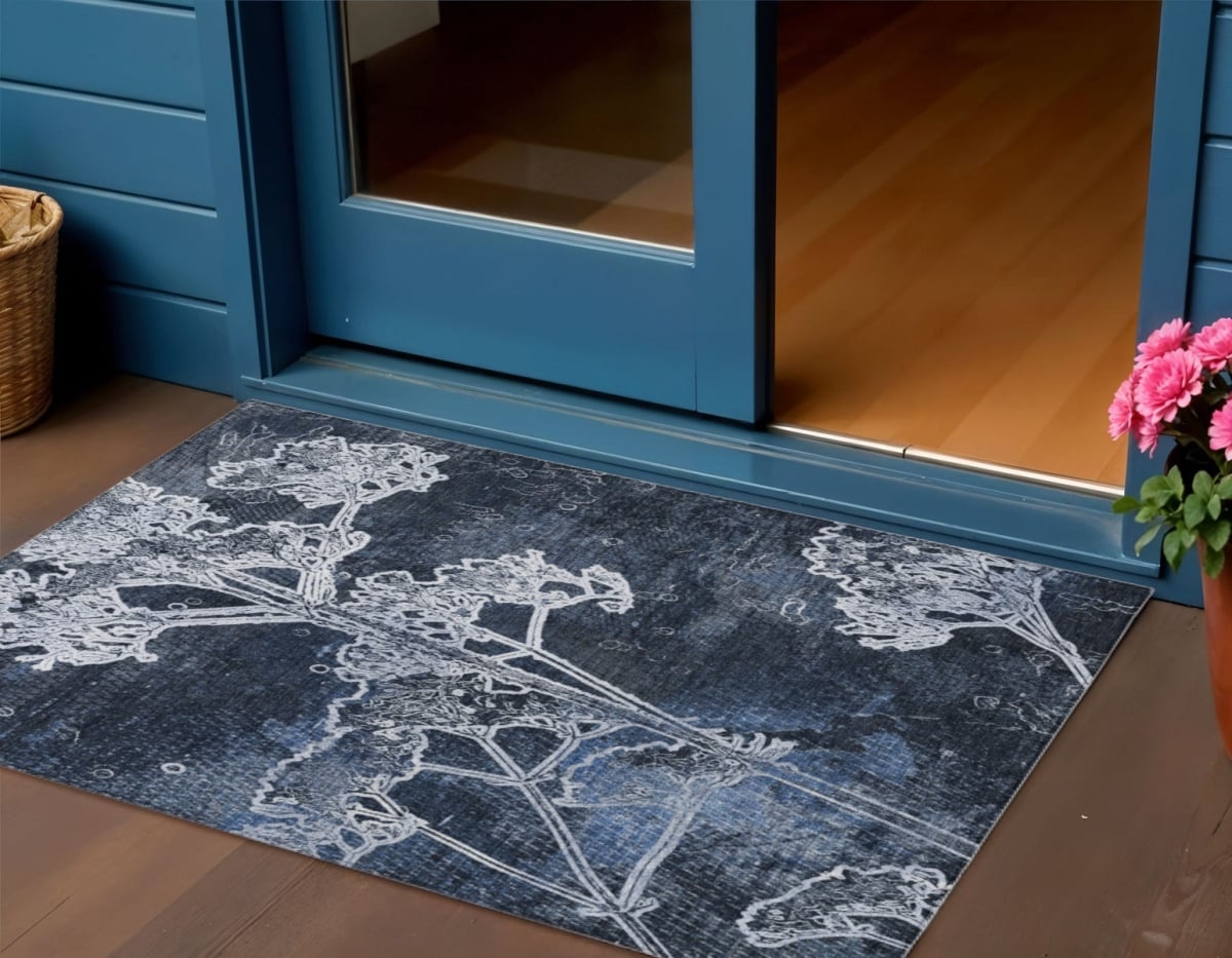 639857 3 x 5 ft. Navy Blue & Ivory Floral Washable Transitional Indoor & Outdoor Rectangle Area Rug