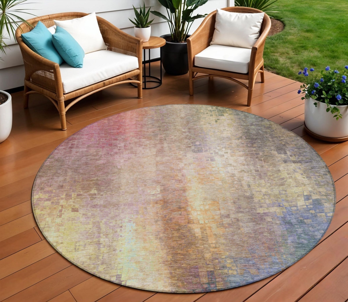 639913 8 ft. Blush & Gold Abstract Washable Transitional Indoor & Outdoor Round Area Rug