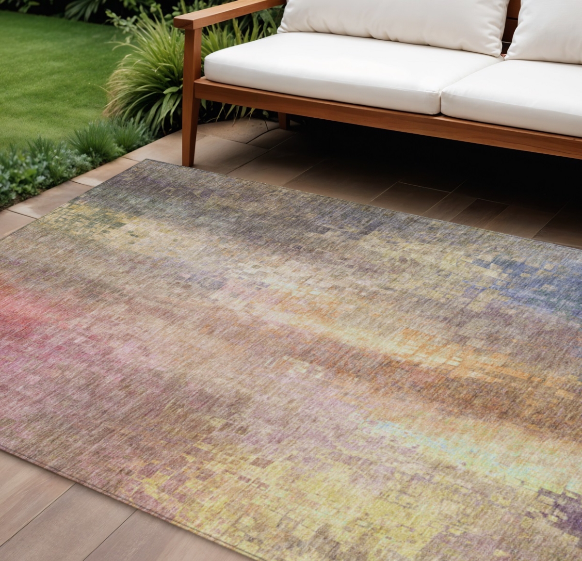 639916 10 x 14 ft. Blush & Gold Abstract Washable Transitional Indoor & Outdoor Rectangle Area Rug