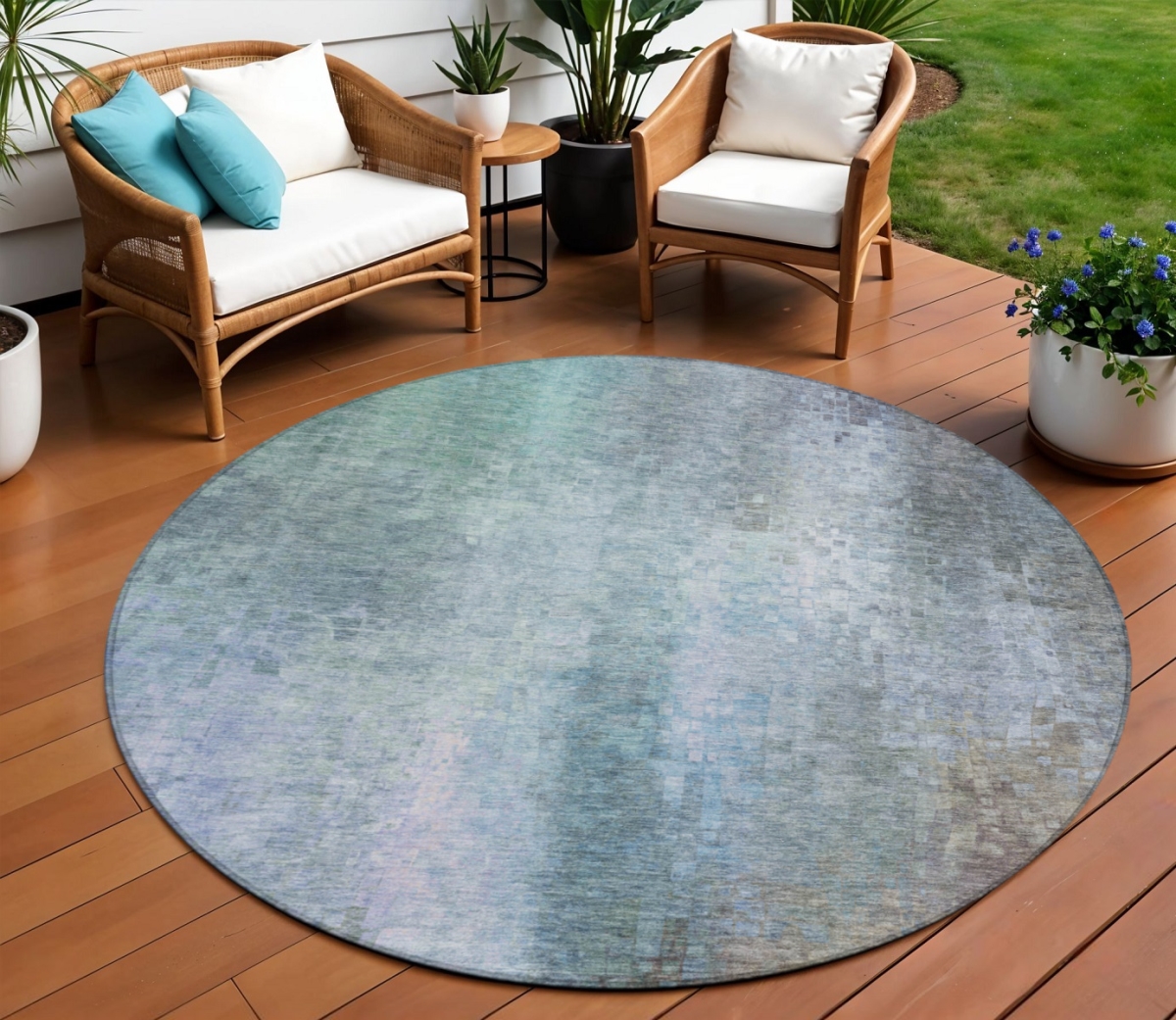 639937 8 ft. Pale Aqua & Lavender Abstract Washable Transitional Indoor & Outdoor Round Area Rug