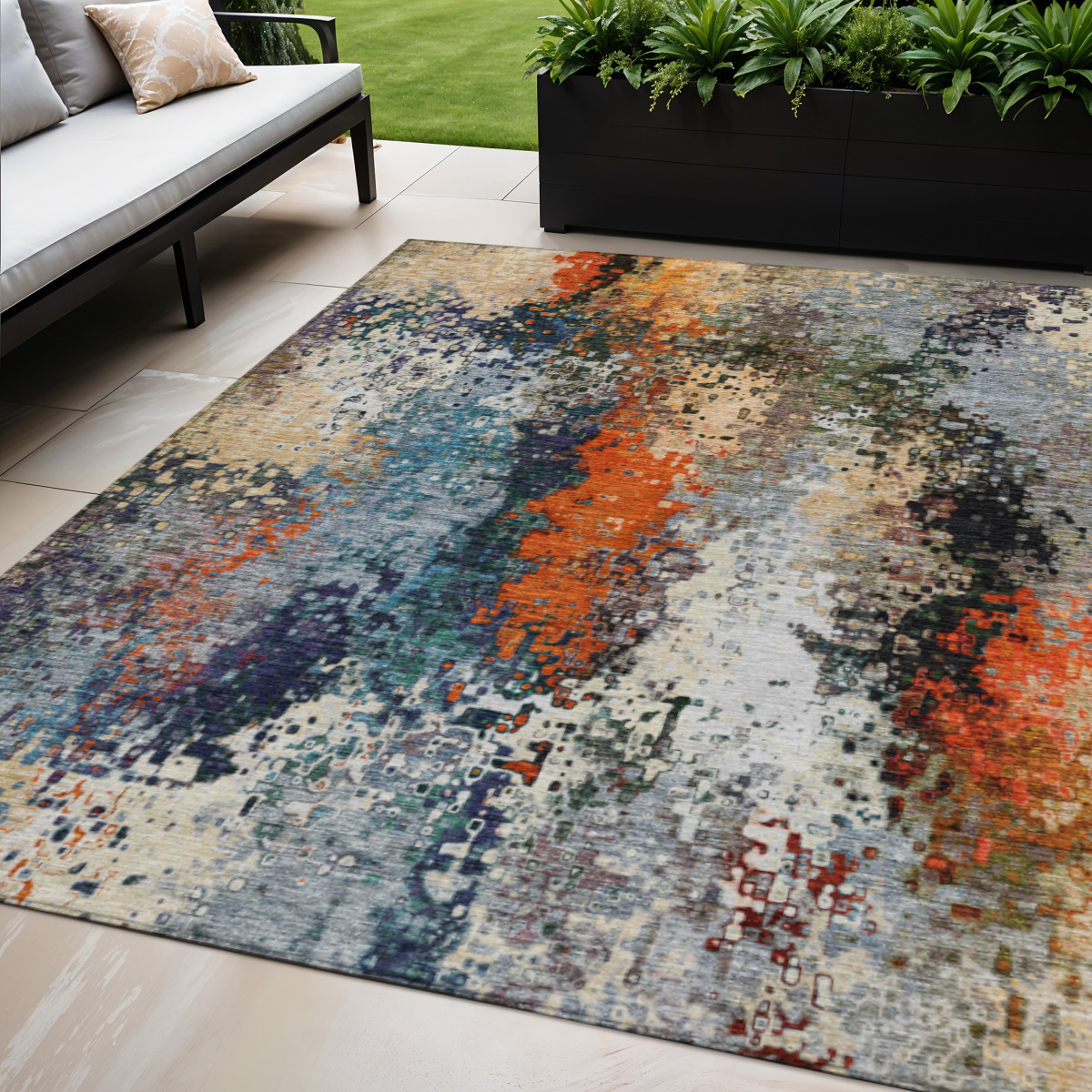 639981 5 x 8 ft. Blue Orange & Ivory Abstract Washable Transitional Indoor & Outdoor Rectangle Area Rug