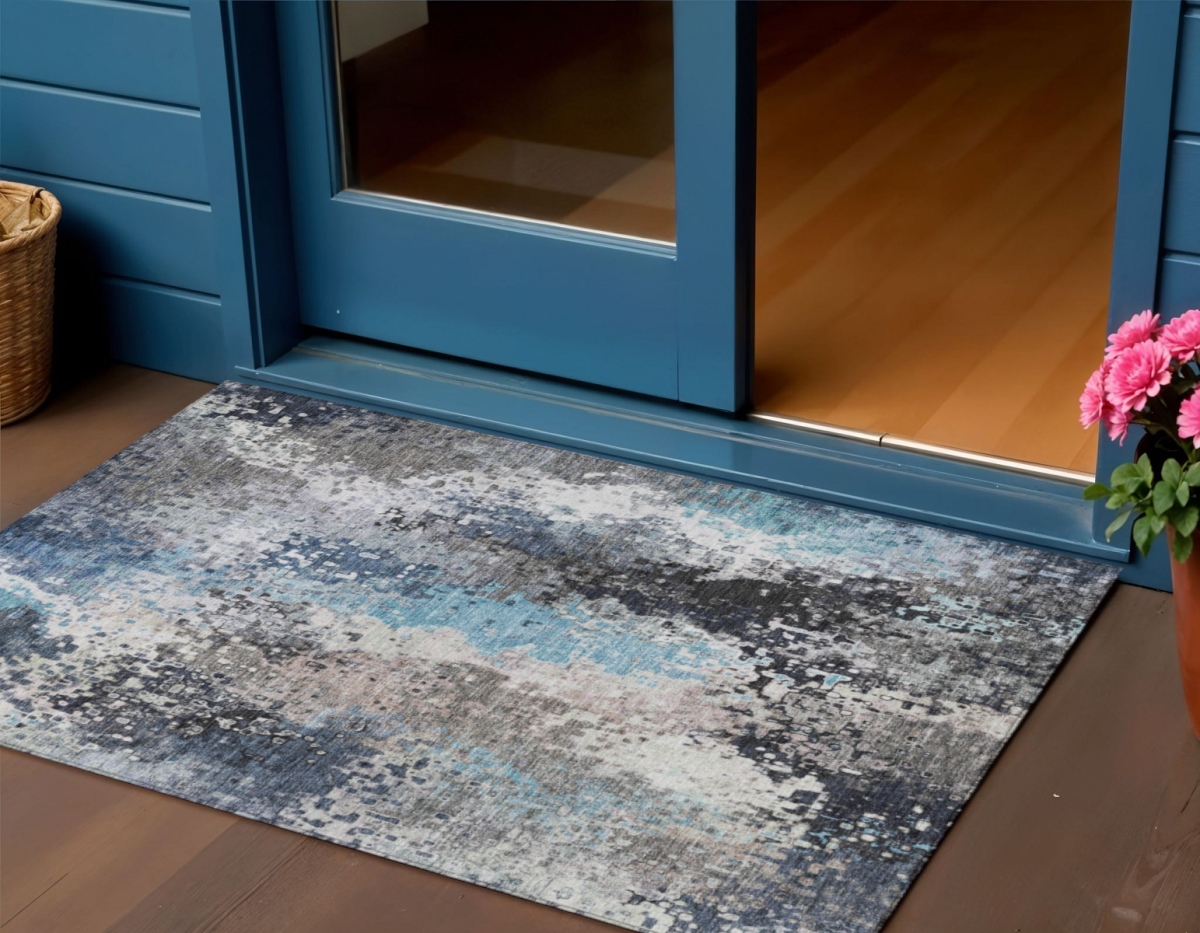639986 3 x 5 ft. Denim Blue, Ivory & Gray Abstract Washable Transitional Indoor & Outdoor Rectangle Area Rug