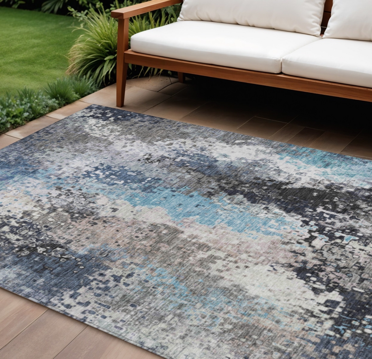 639990 9 x 12 ft. Denim Blue, Ivory & Gray Abstract Washable Transitional Indoor & Outdoor Rectangle Area Rug