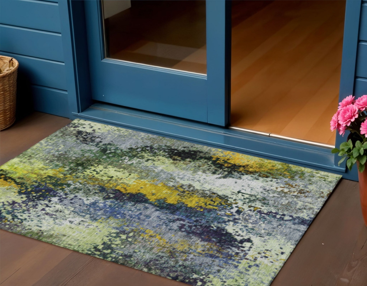639992 3 x 5 ft. Green Gold & Charcoal Abstract Washable Transitional Indoor & Outdoor Rectangle Area Rug