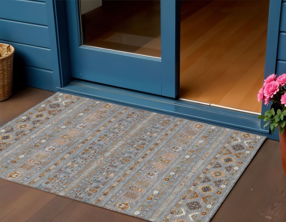 640040 3 x 5 ft. Gray Blue & Copper Tribal Washable Transitional Indoor & Outdoor Rectangle Area Rug