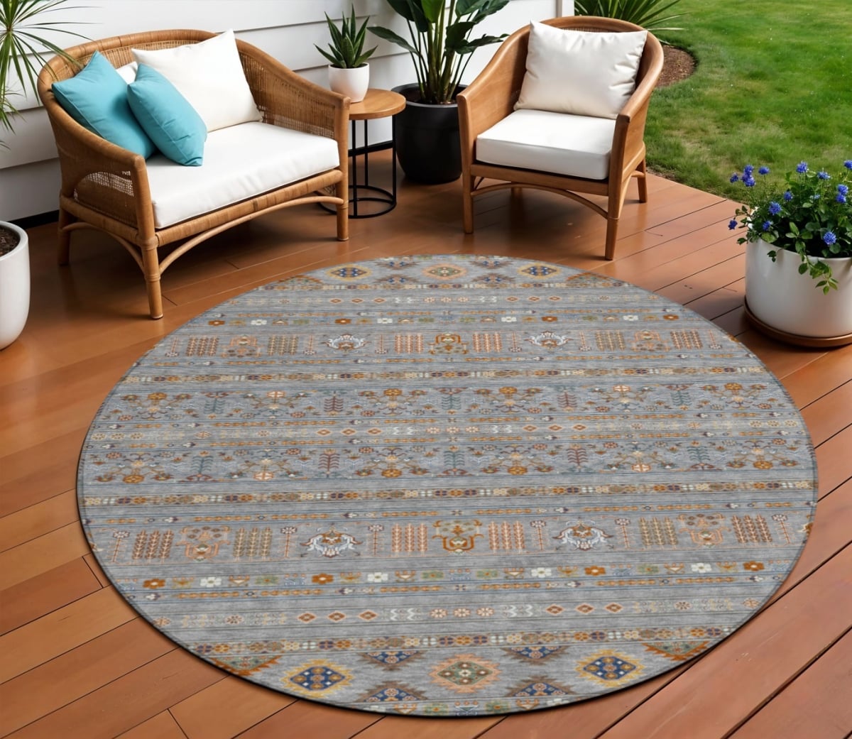 640042 8 ft. Gray Blue & Copper Tribal Washable Transitional Indoor & Outdoor Round Area Rug