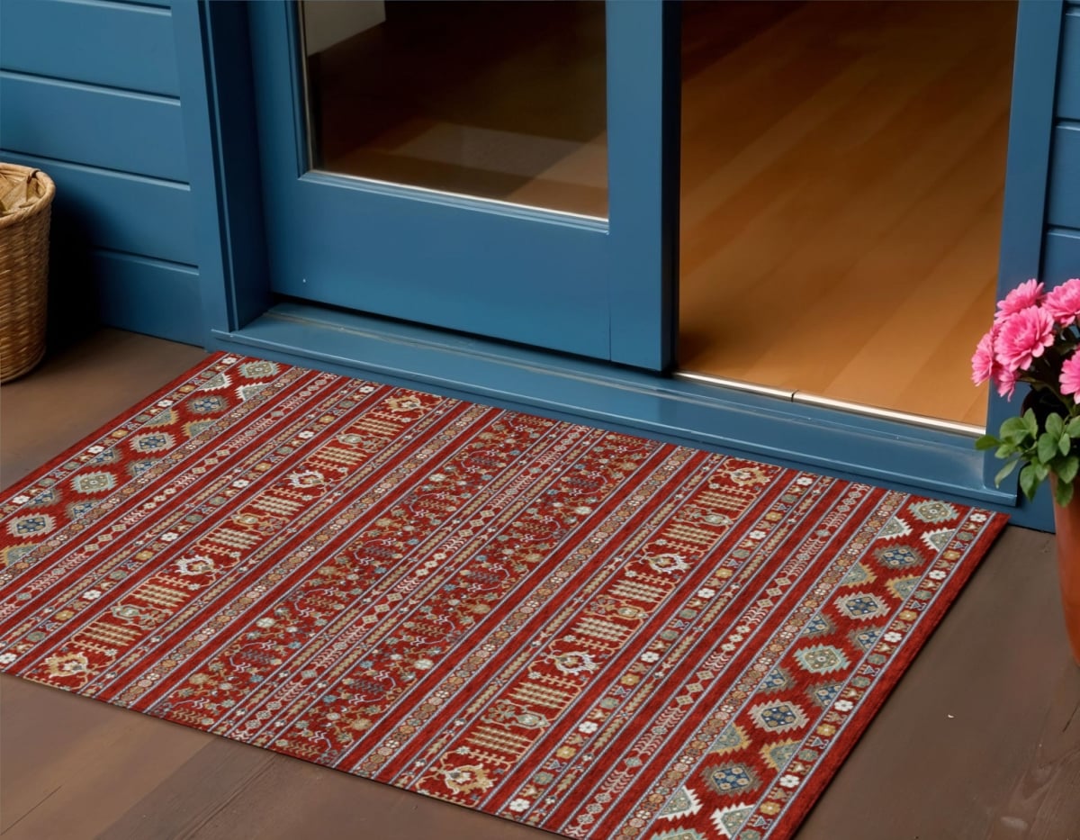640064 3 x 5 ft. Red Gold & Blue Tribal Washable Transitional Indoor & Outdoor Rectangle Area Rug
