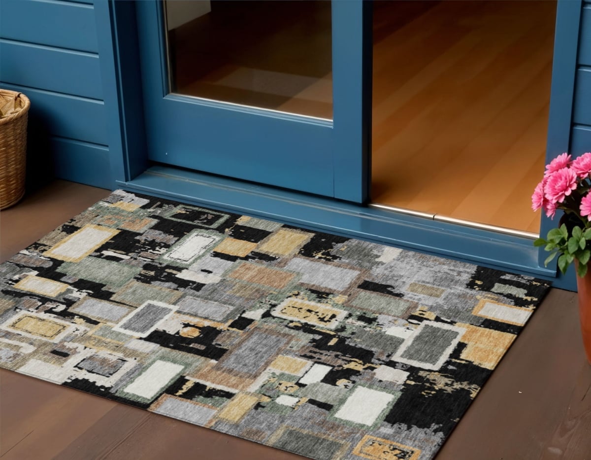 640094 3 x 5 ft. Black Gold & Ivory Geometric Washable Transitional Indoor & Outdoor Rectangle Area Rug