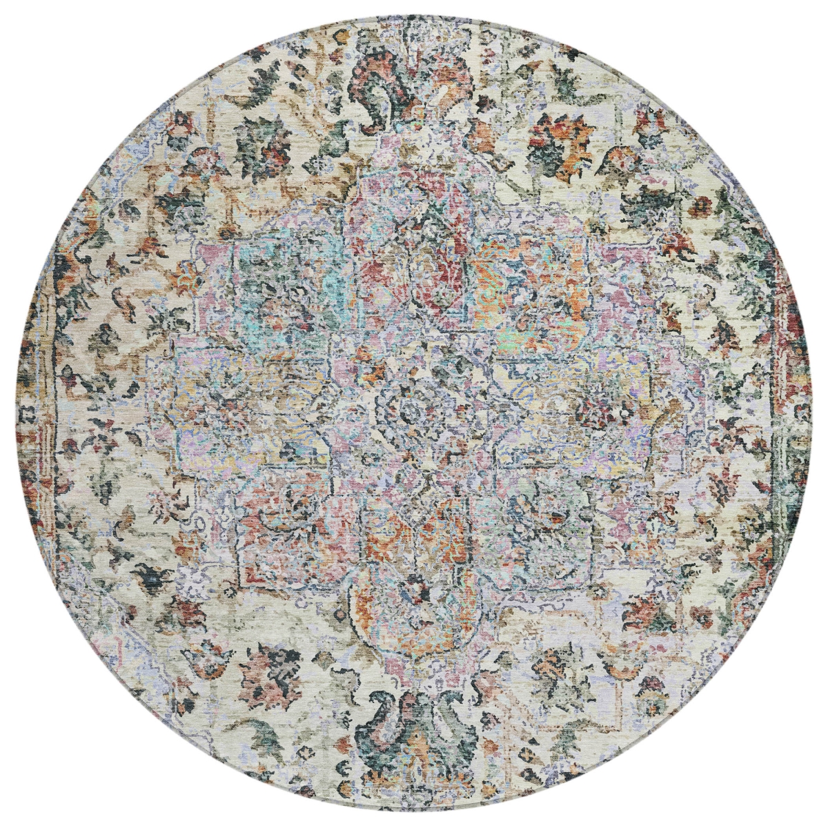 636794 8 ft. Sage Ivory & Copper Floral Medallion Washable Traditional Indoor & Outdoor Round Area Rug