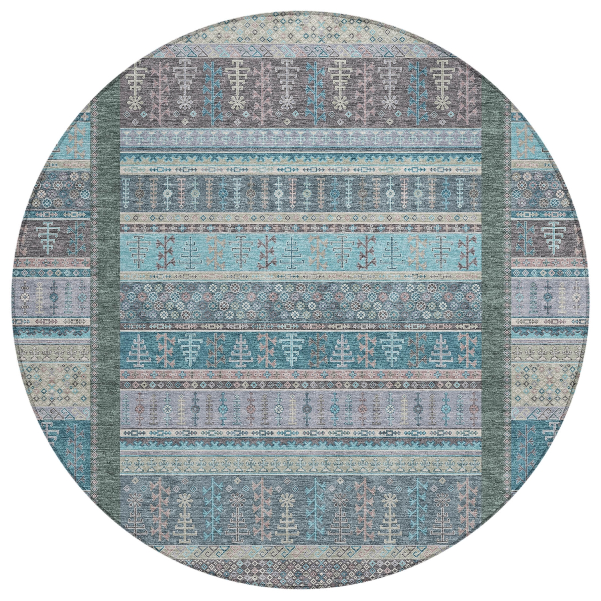 637472 8 ft. Teal, Blue & Beige - Pale Aqua Striped Washable Transitional Indoor & Outdoor Round Area Rug