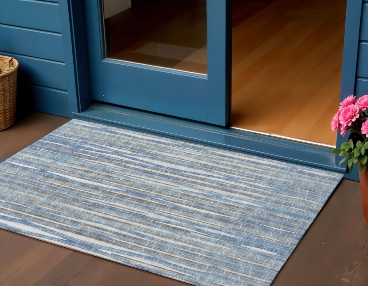642332 3 x 5 ft. Blue & Ivory Striped Washable Transitional Indoor & Outdoor Rectangle Area Rug