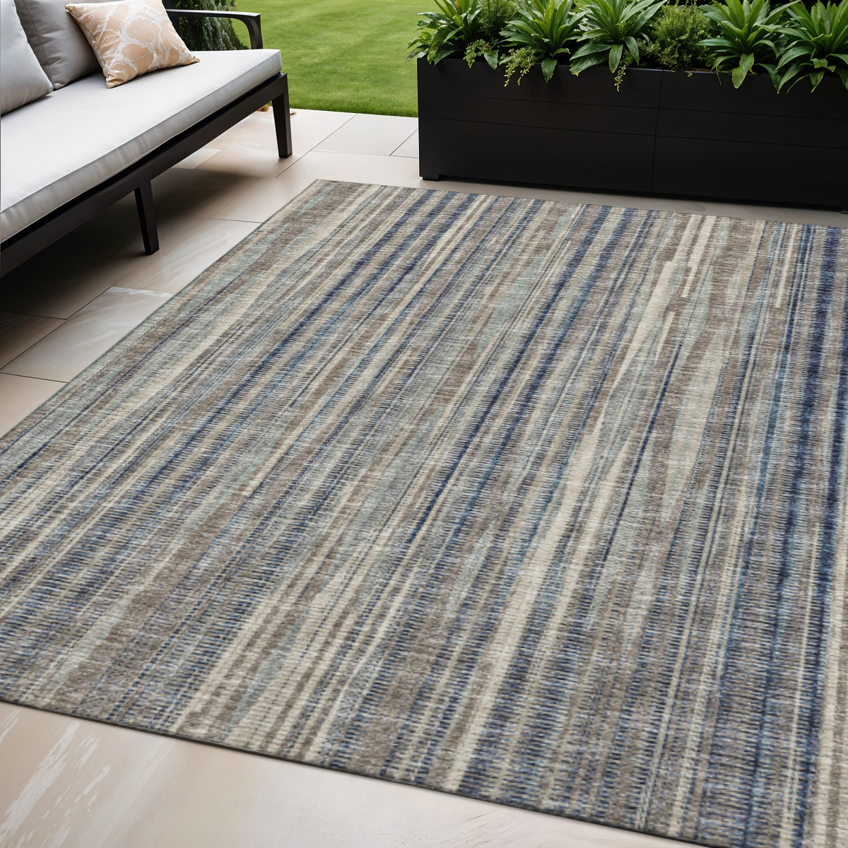 642339 5 x 8 ft. Brown & Navy Blue Striped Washable Transitional Indoor & Outdoor Rectangle Area Rug