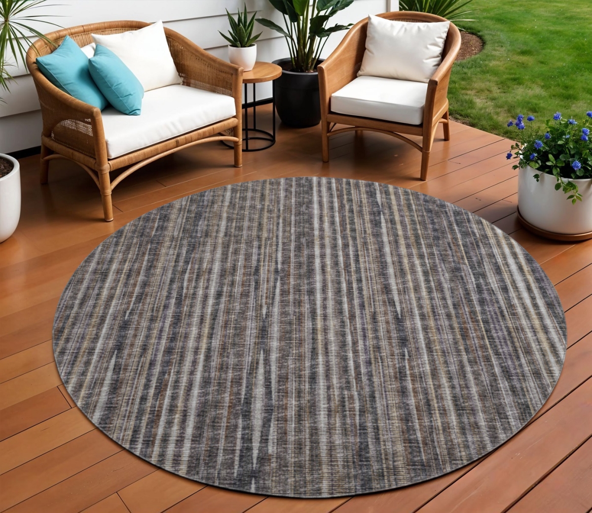 642364 8 ft. Brown & Copper Striped Washable Transitional Indoor & Outdoor Round Area Rug