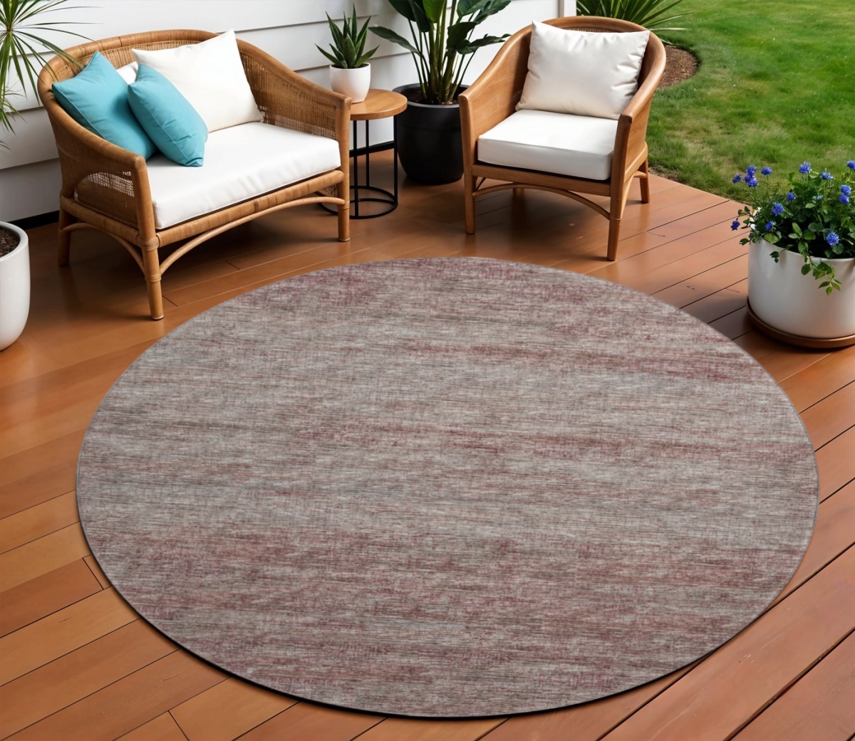 642394 8 ft. Burgundy & Gray Abstract Washable Transitional Indoor & Outdoor Round Area Rug