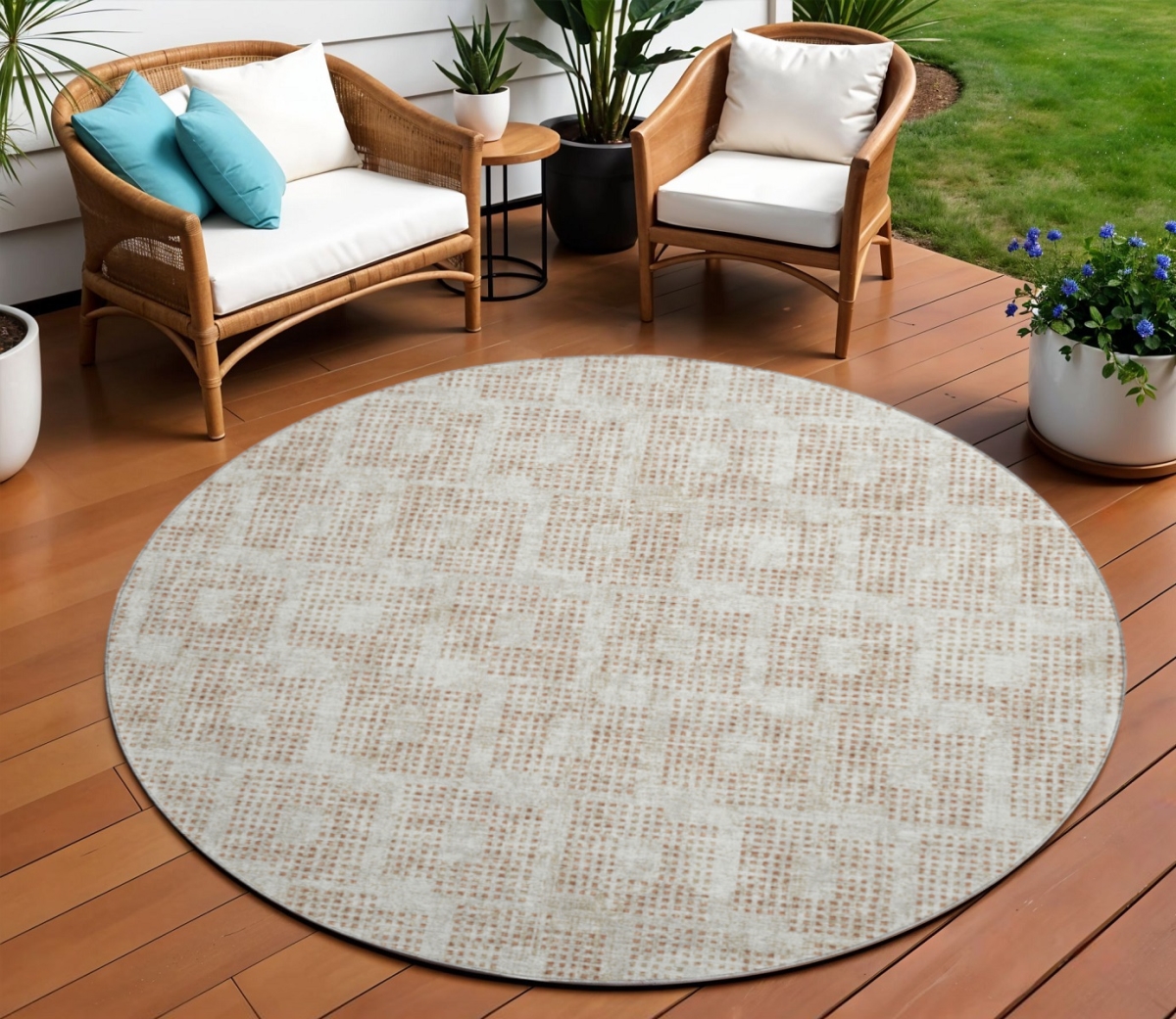 642424 8 ft. Cinnamon & Ivory Geometric Washable Transitional Indoor & Outdoor Round Area Rug
