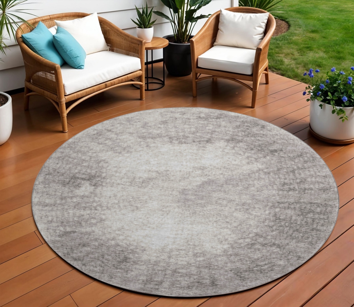 642478 8 ft. Coffee & Ivory Abstract Washable Transitional Indoor & Outdoor Round Area Rug