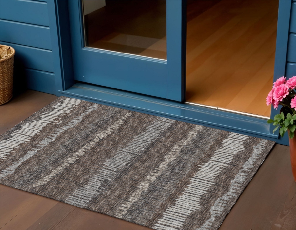 642554 3 x 5 ft. Brown & Ivory Abstract Washable Transitional Indoor & Outdoor Rectangle Area Rug