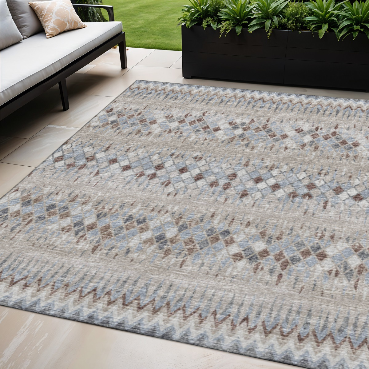 642567 5 x 8 ft. Blue & Gray Ikat Washable Transitional Indoor & Outdoor Rectangle Area Rug