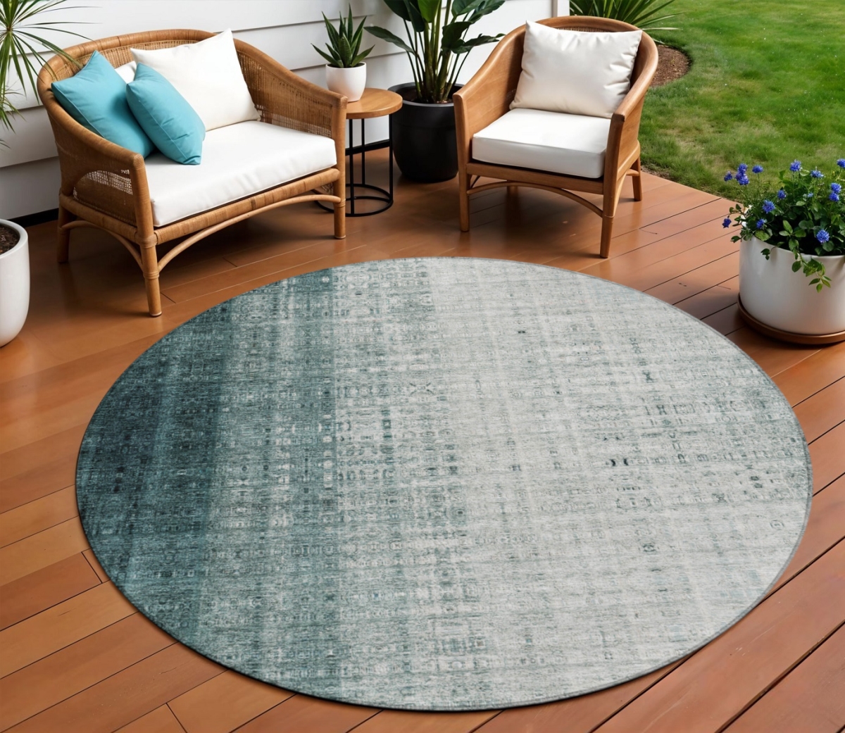 639901 8 ft. Teal, Blue & Ivory Striped Washable Transitional Indoor & Outdoor Round Area Rug