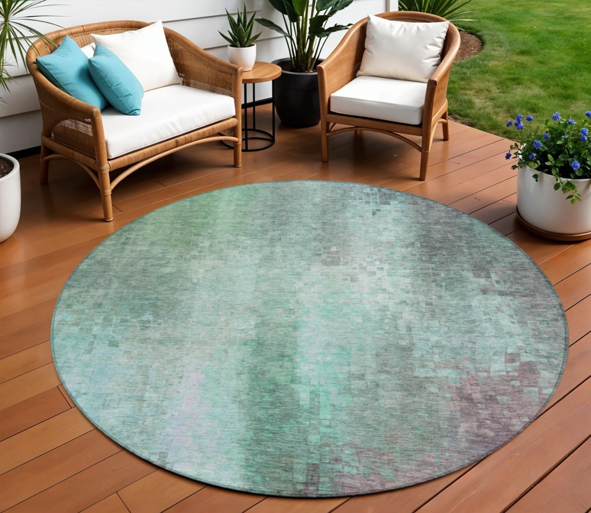 639907 8 ft. Aqua & Teal Blue Abstract Washable Transitional Indoor & Outdoor Round Area Rug