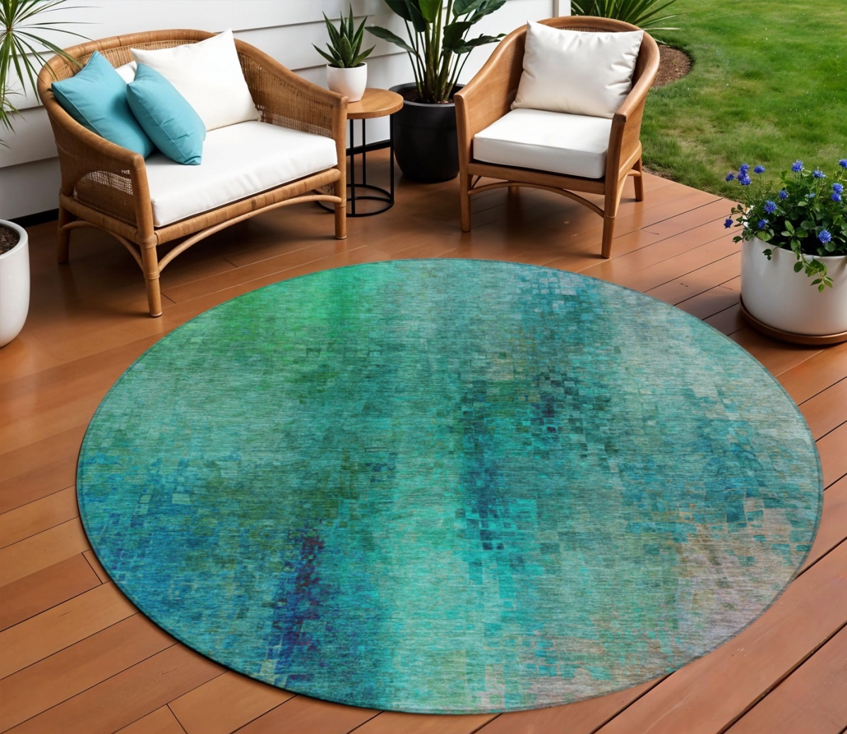 639943 8 ft. Teal, Blue & Green Abstract Washable Transitional Indoor & Outdoor Round Area Rug