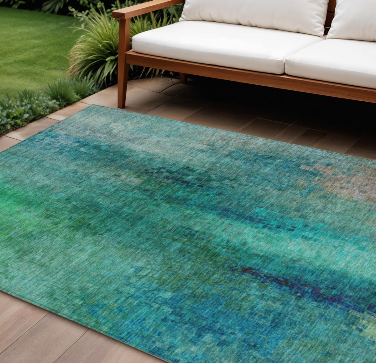 639946 10 x 14 ft. Teal, Blue & Green Abstract Washable Transitional Indoor & Outdoor Rectangle Area Rug