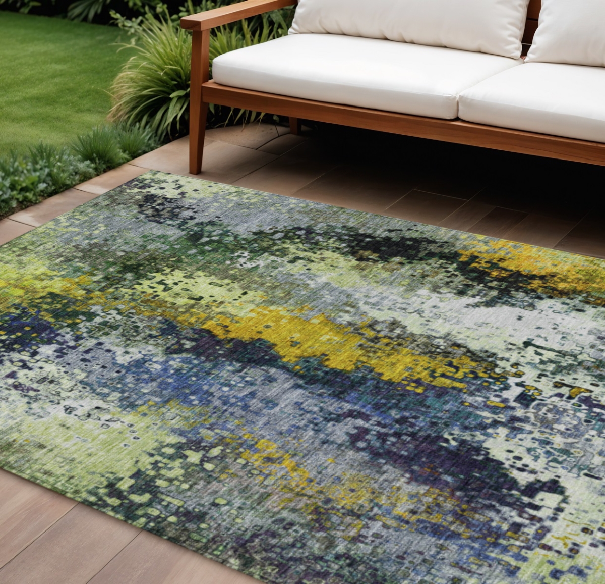 639997 10 x 14 ft. Green Gold & Charcoal Abstract Washable Transitional Indoor & Outdoor Rectangle Area Rug