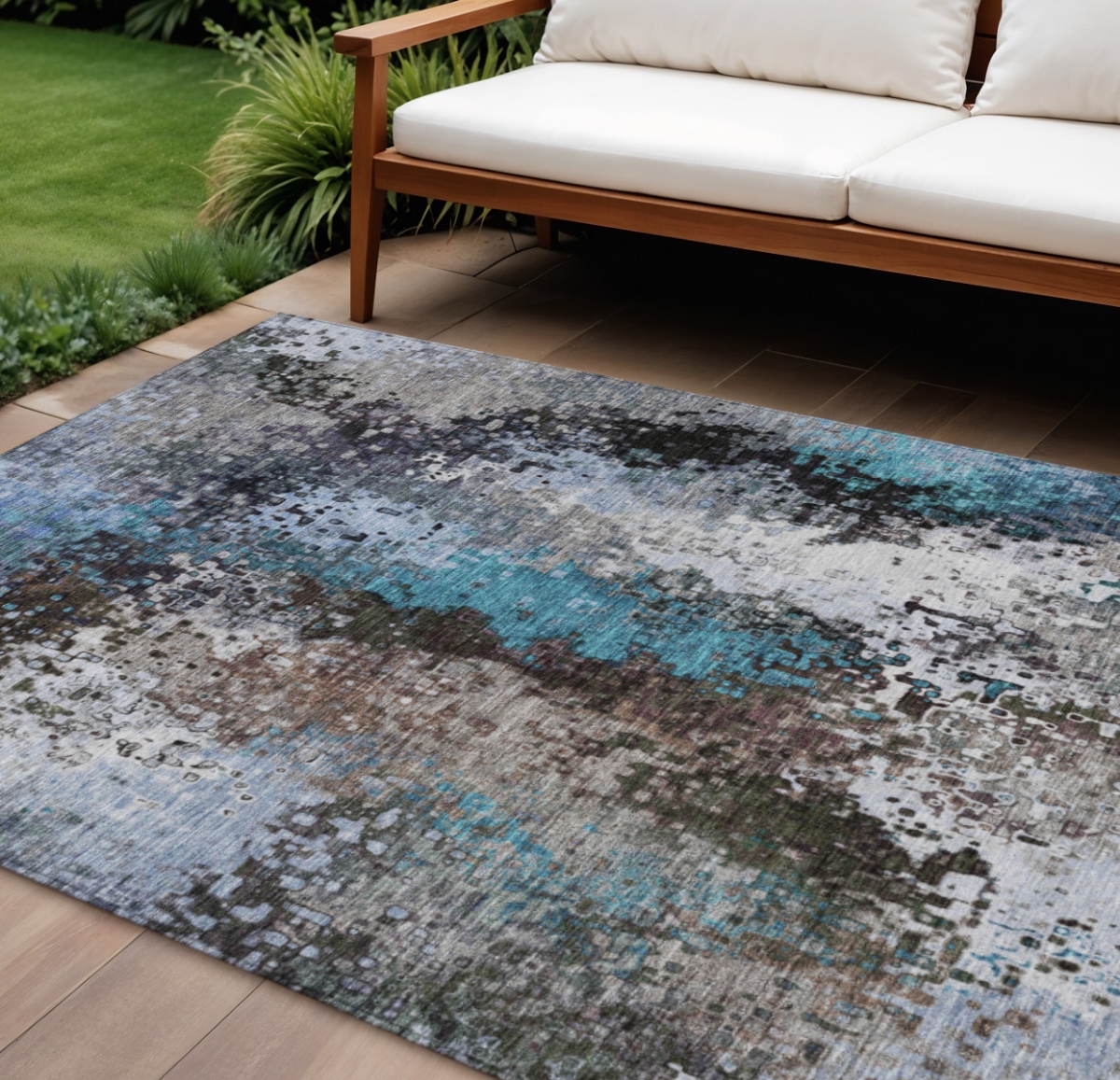 640014 9 x 12 ft. Khaki Ivory & Blue Abstract Washable Transitional Indoor & Outdoor Rectangle Area Rug