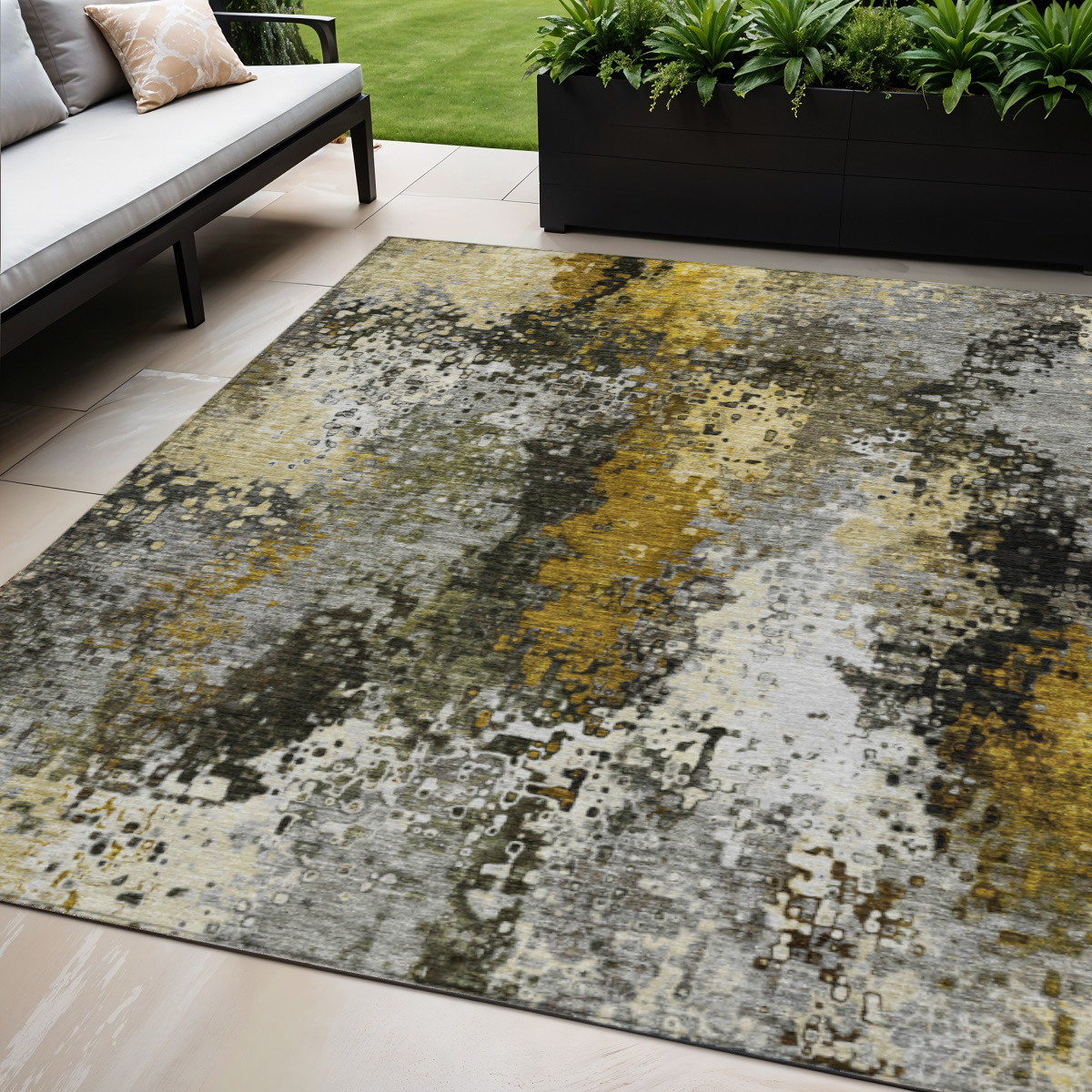 640017 5 x 8 ft. Pewter Gold & Silver Abstract Washable Transitional Indoor & Outdoor Rectangle Area Rug