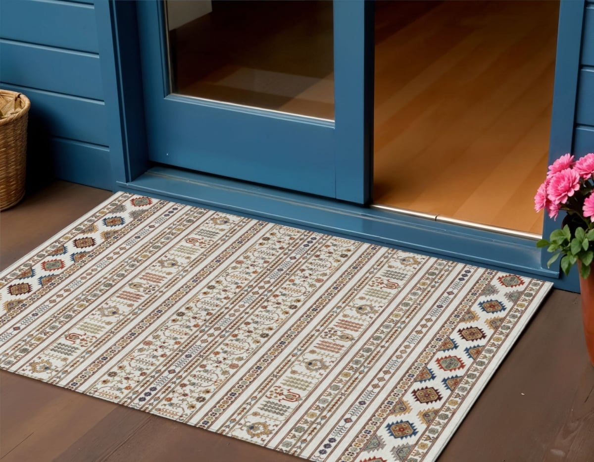 640046 3 x 5 ft. Ivory Blue & Copper Tribal Washable Transitional Indoor & Outdoor Rectangle Area Rug
