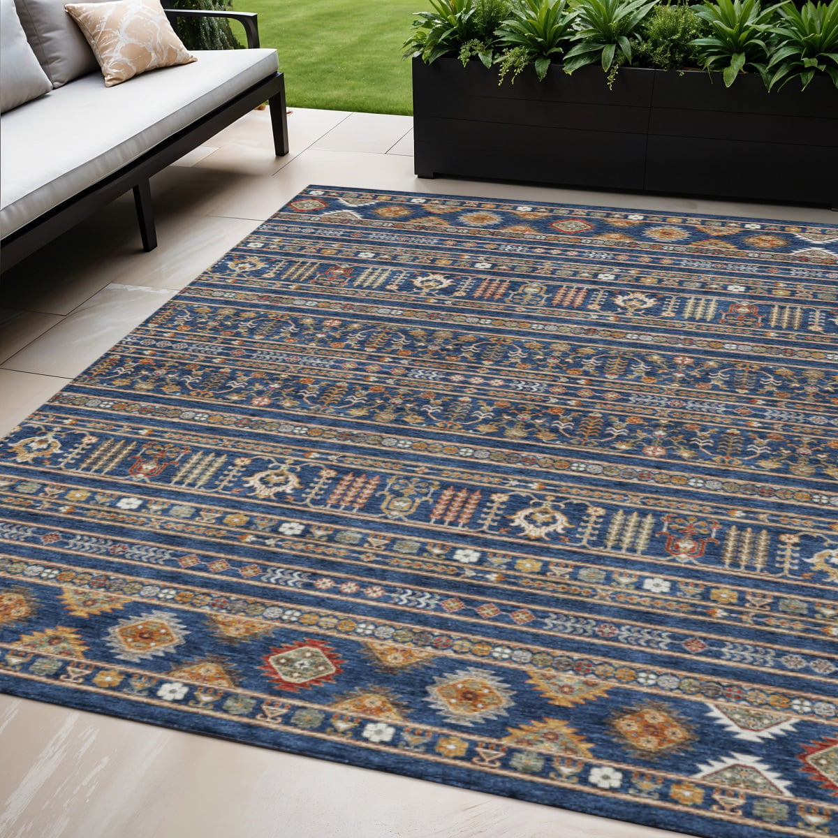 640053 5 x 8 ft. Navy Blue Copper & Gold Tribal Washable Transitional Indoor & Outdoor Rectangle Area Rug