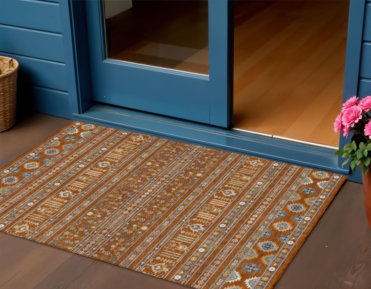 640058 3 x 5 ft. Rust Blue & Ivory Tribal Washable Transitional Indoor & Outdoor Rectangle Area Rug