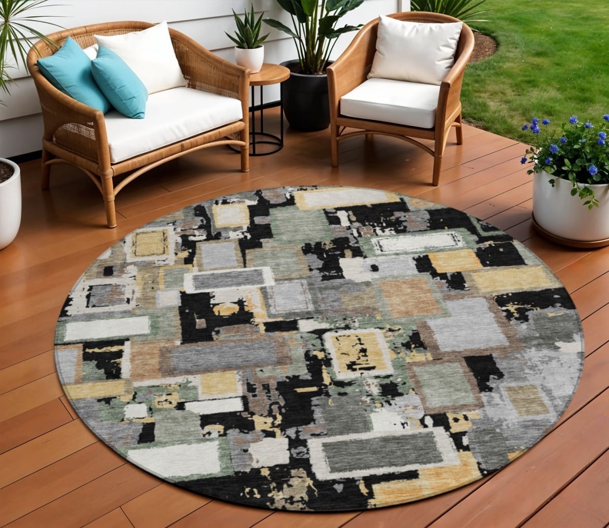 640090 8 ft. Beige, Ivory & Charcoal Animal Print Washable Transitional Indoor & Outdoor Round Area Rug