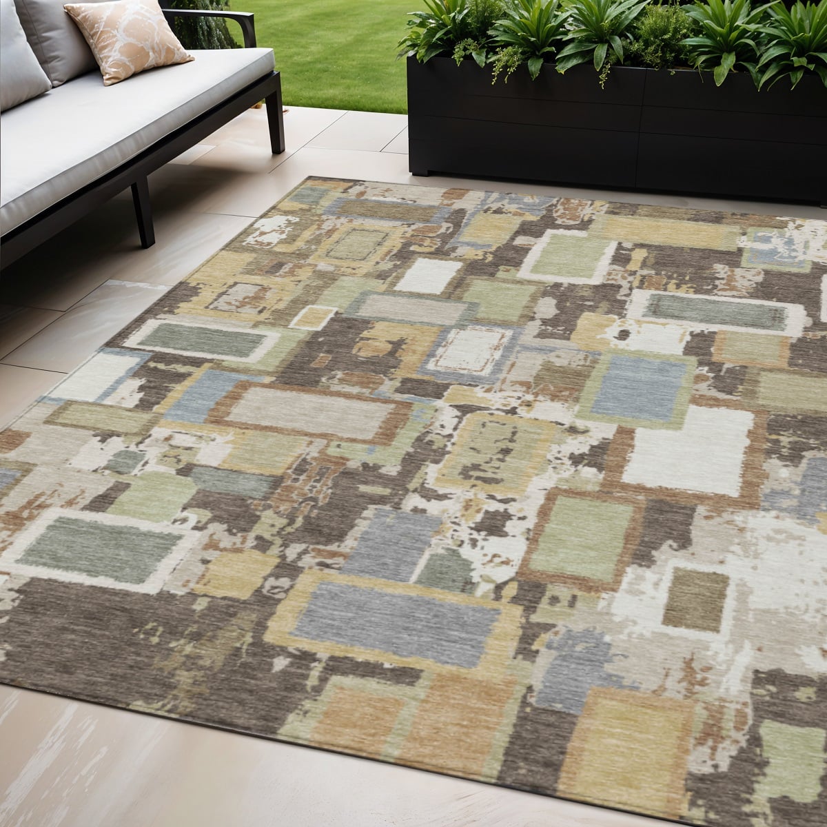 640101 5 x 8 ft. Brown Ivory & Gray Geometric Washable Transitional Indoor & Outdoor Rectangle Area Rug