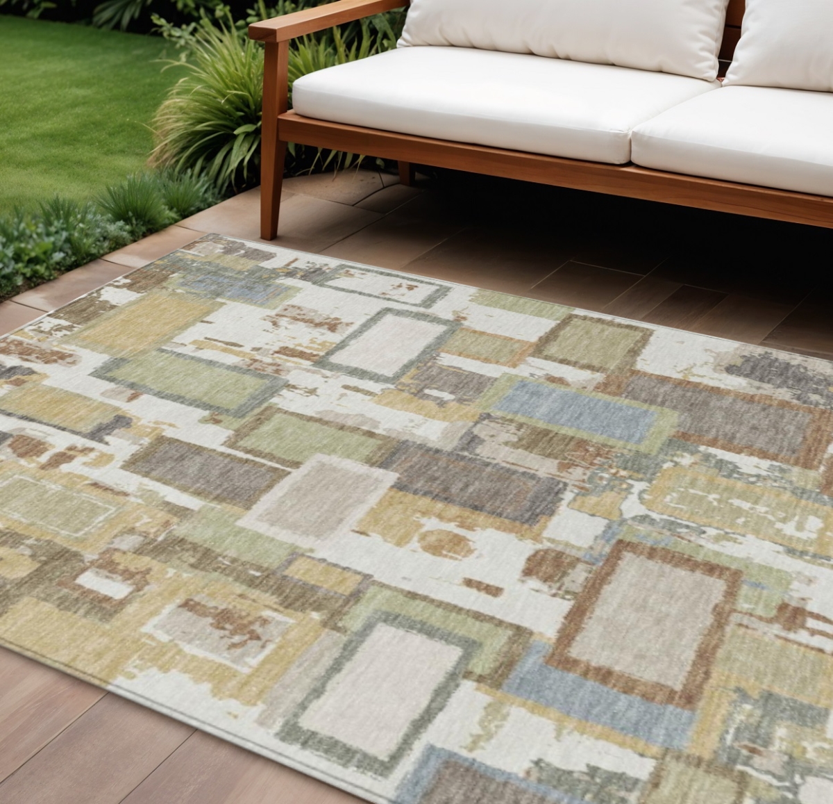 640117 10 x 14 ft. Ivory Gold & Blue Geometric Washable Transitional Indoor & Outdoor Rectangle Area Rug