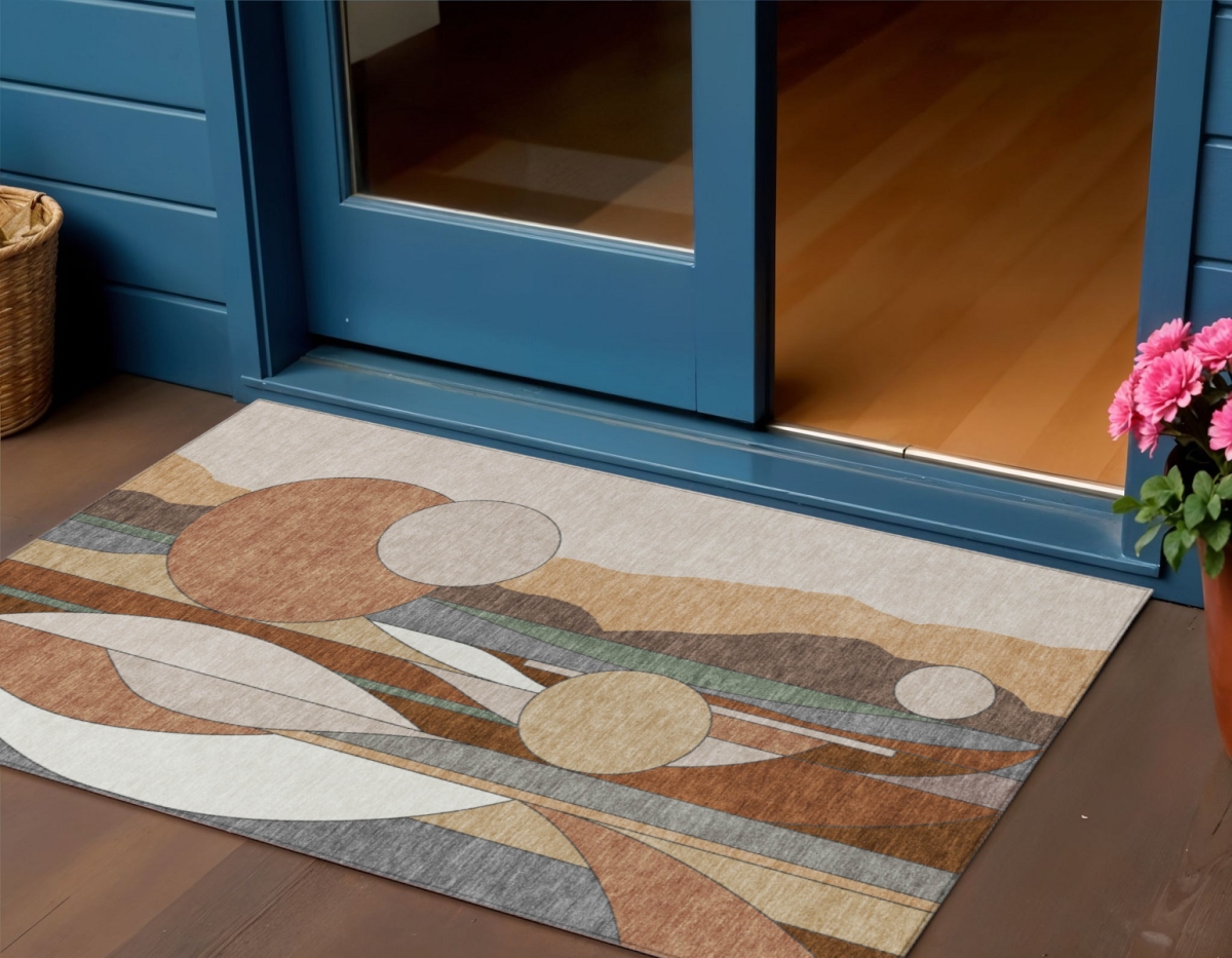 640514 3 x 5 ft. Copper & Ivory Geometric Washable Transitional Indoor & Outdoor Rectangle Area Rug